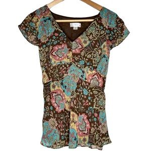 LOFT‎ Ann Taylor Paisley Cap Sleeve High Waist Blouse Size 10 Lined Side Zip